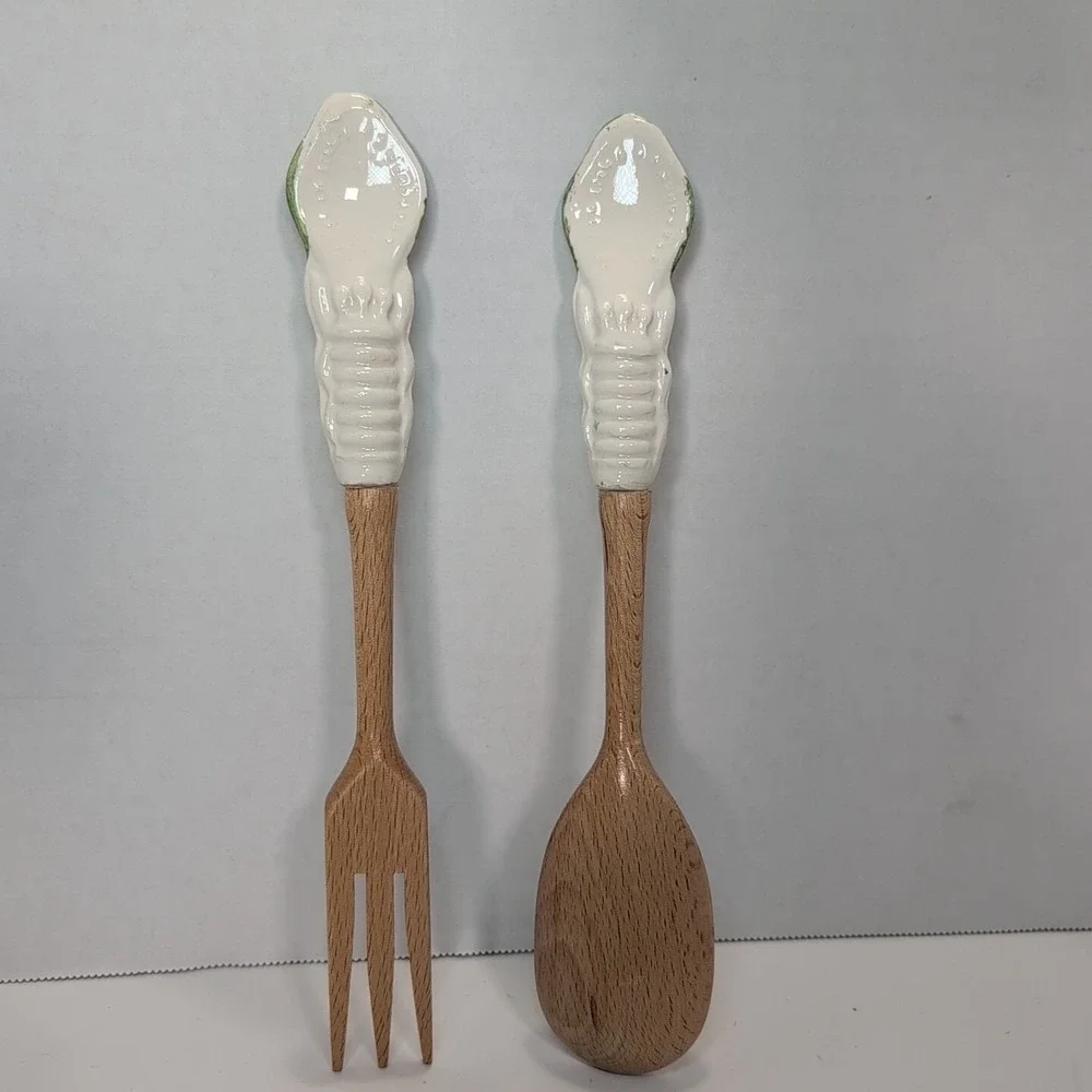 Assisi Serving Spoon & Form Wooden Ceramic HAndle Blue Sunflower Floral Folk Art